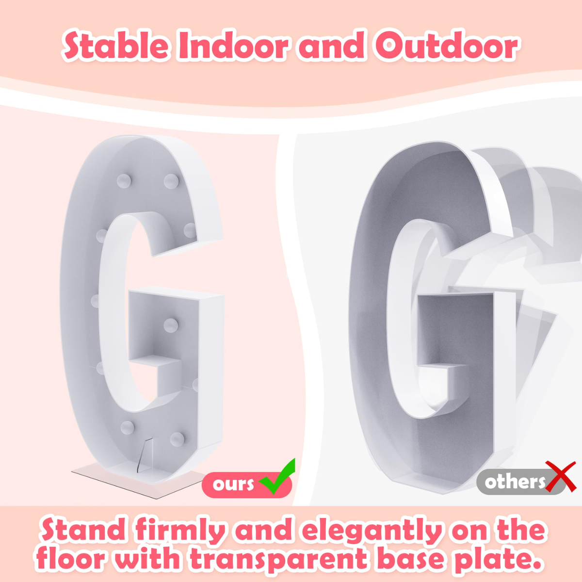 White letter 'G' with transparent base plate on a pink background, comparing stability indoors and outdoors.