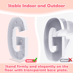 White letter 'G' with transparent base plate on a pink background, comparing stability indoors and outdoors.