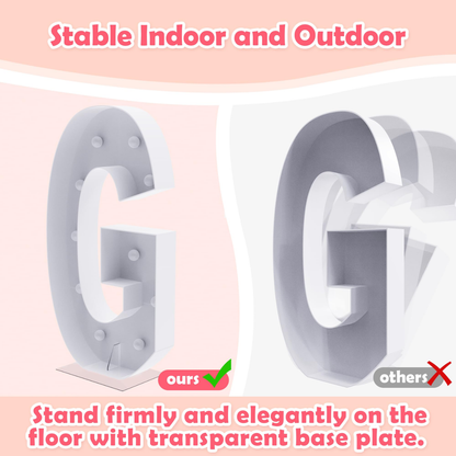 White letter 'G' with transparent base plate on a pink background, comparing stability indoors and outdoors.