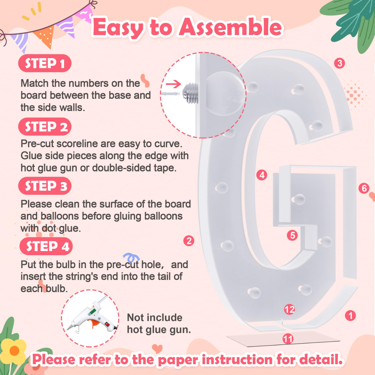 Instructions for assembling a decorative letter 'G' with numbered steps on a colorful background.