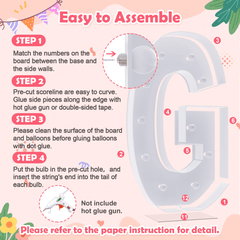 Instructions for assembling a decorative letter 'G' with numbered steps on a colorful background.