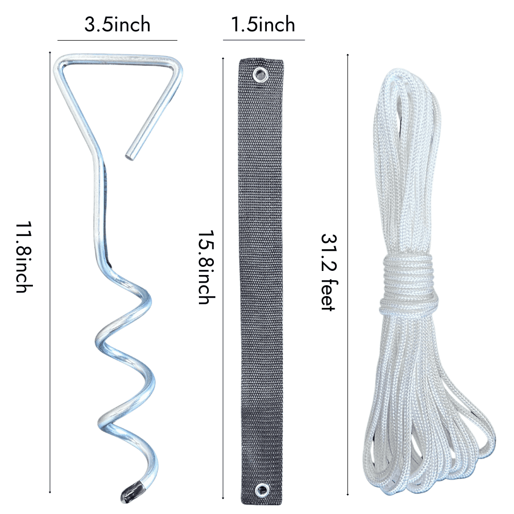 Dimensions of Heavy Duty Steel Tree Stake Kit components including 11.8-inch spiral stake, 15.8-inch strap, and 31.2-foot rope for tree support.