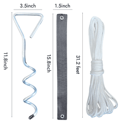 Dimensions of Heavy Duty Steel Tree Stake Kit components including 11.8-inch spiral stake, 15.8-inch strap, and 31.2-foot rope for tree support.