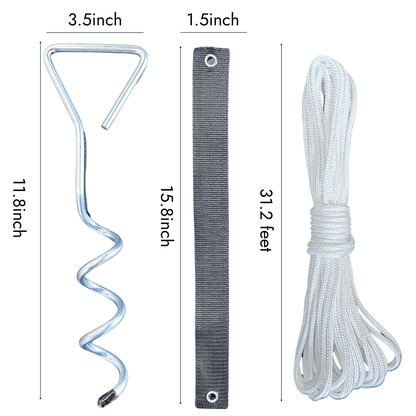 Dimensions of Heavy Duty Steel Tree Stake Kit components including 11.8-inch spiral stake, 15.8-inch strap, and 31.2-foot rope for tree support.