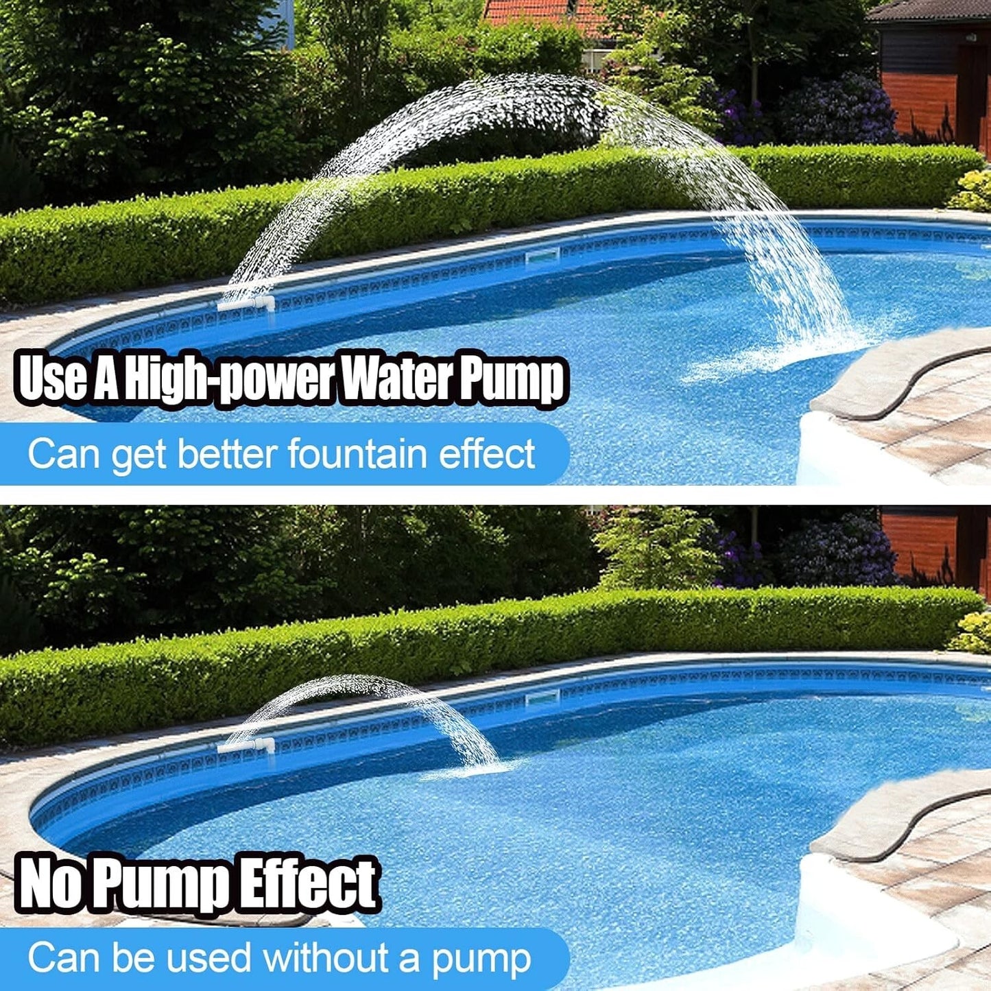 Comparison of PAMASE Pool Waterfall Spray Fountain with and without high-power pump showing different spray effects in a backyard pool.