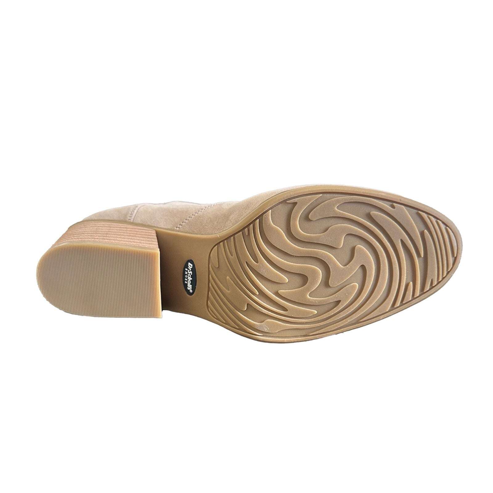 Outsole of Dr. Scholl’s Lawless Women’s Ankle Boots in taupe, featuring textured rubber grip and logo detail, size 9.5.