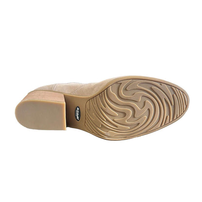 Outsole of Dr. Scholl’s Lawless Women’s Ankle Boots in taupe, featuring textured rubber grip and logo detail, size 9.5.