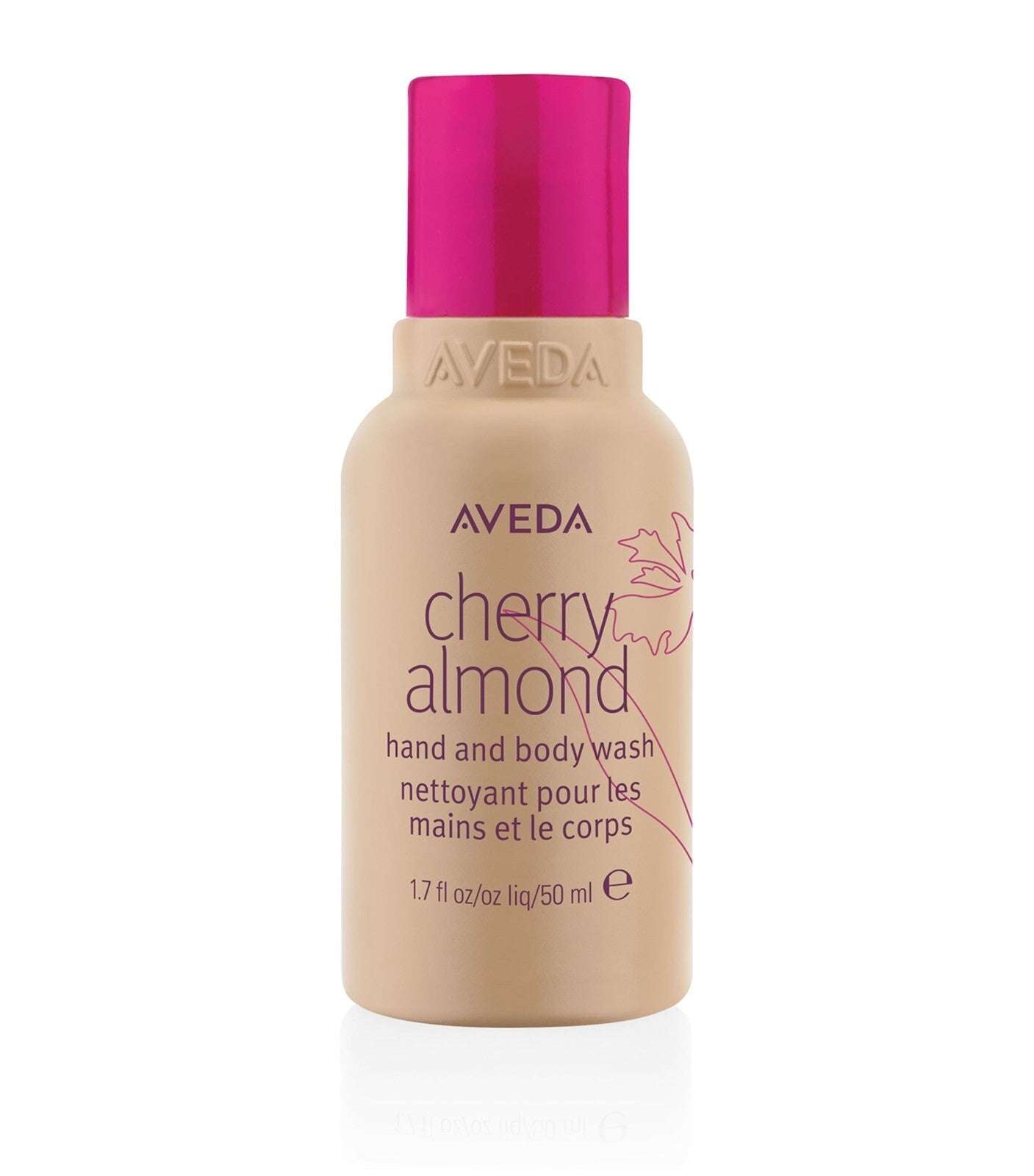 Aveda Cherry Almond Hand and Body Wash in 50ml bottle with floral scent. Cleansing wash from the Cherry Almond Body Care Trio Gift Set.