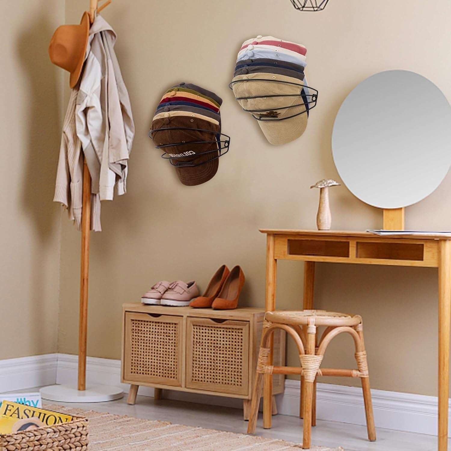 Metal Wall Mounted Cap Rack 2 Pack blends with home decor while organizing hats above a shoe bench in a cozy, modern room setting.