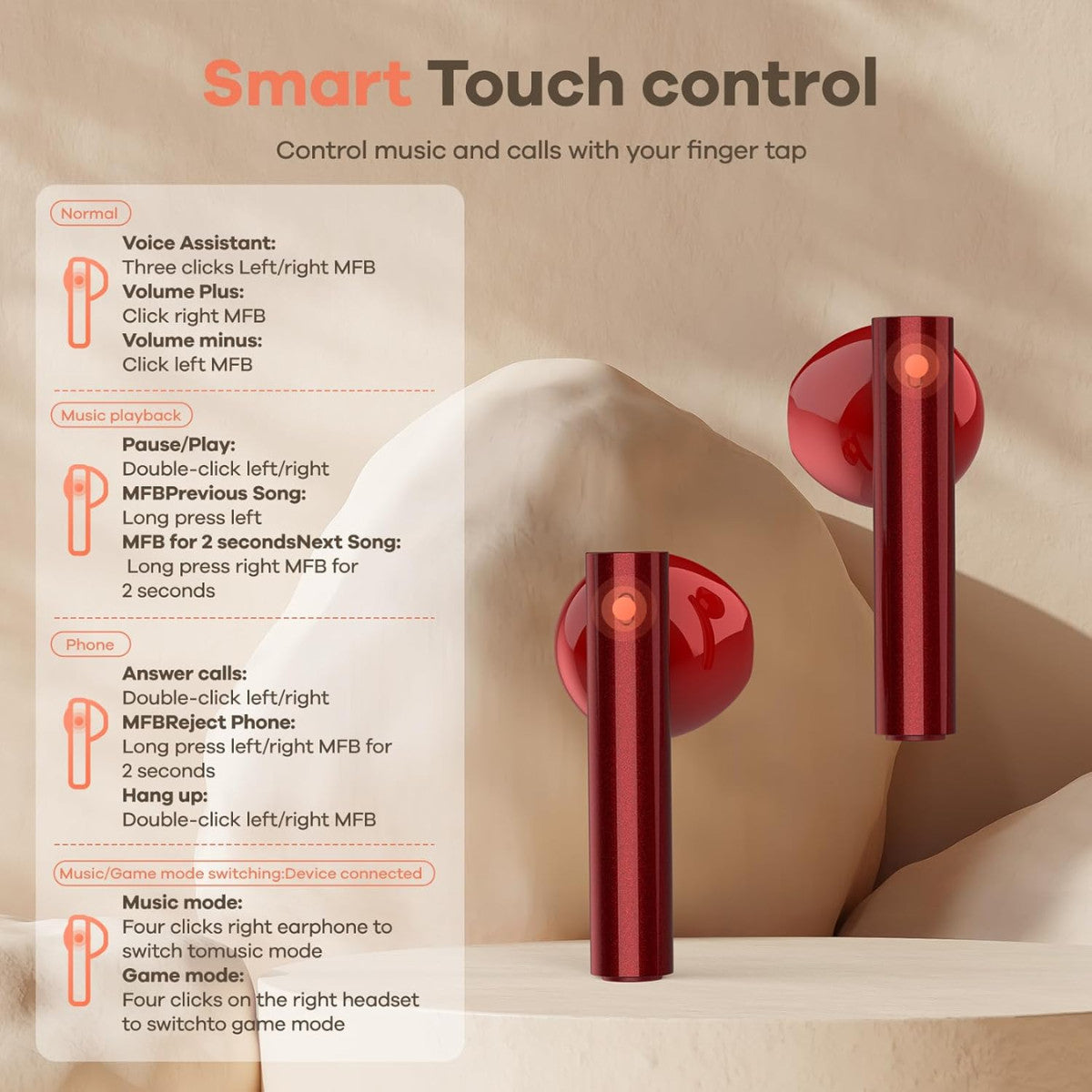 Foxeye S8000 Wireless Earbuds Bluetooth 5.4 Noise Cancelling – Luxury Red