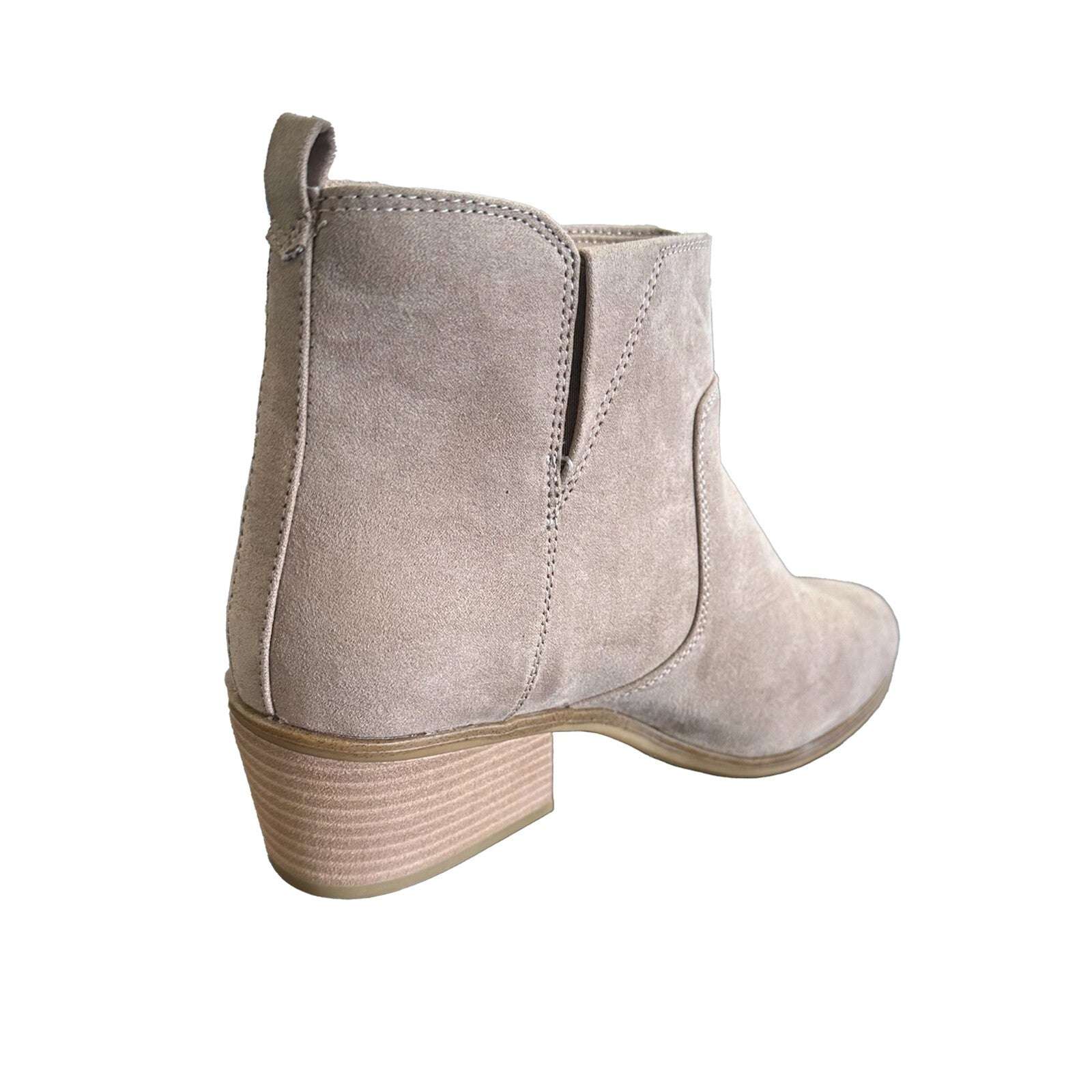 Rear side angle of Dr. Scholl’s Lawless Women’s Ankle Boots in taupe, highlighting stacked block heel and pull tab, size 9.5.