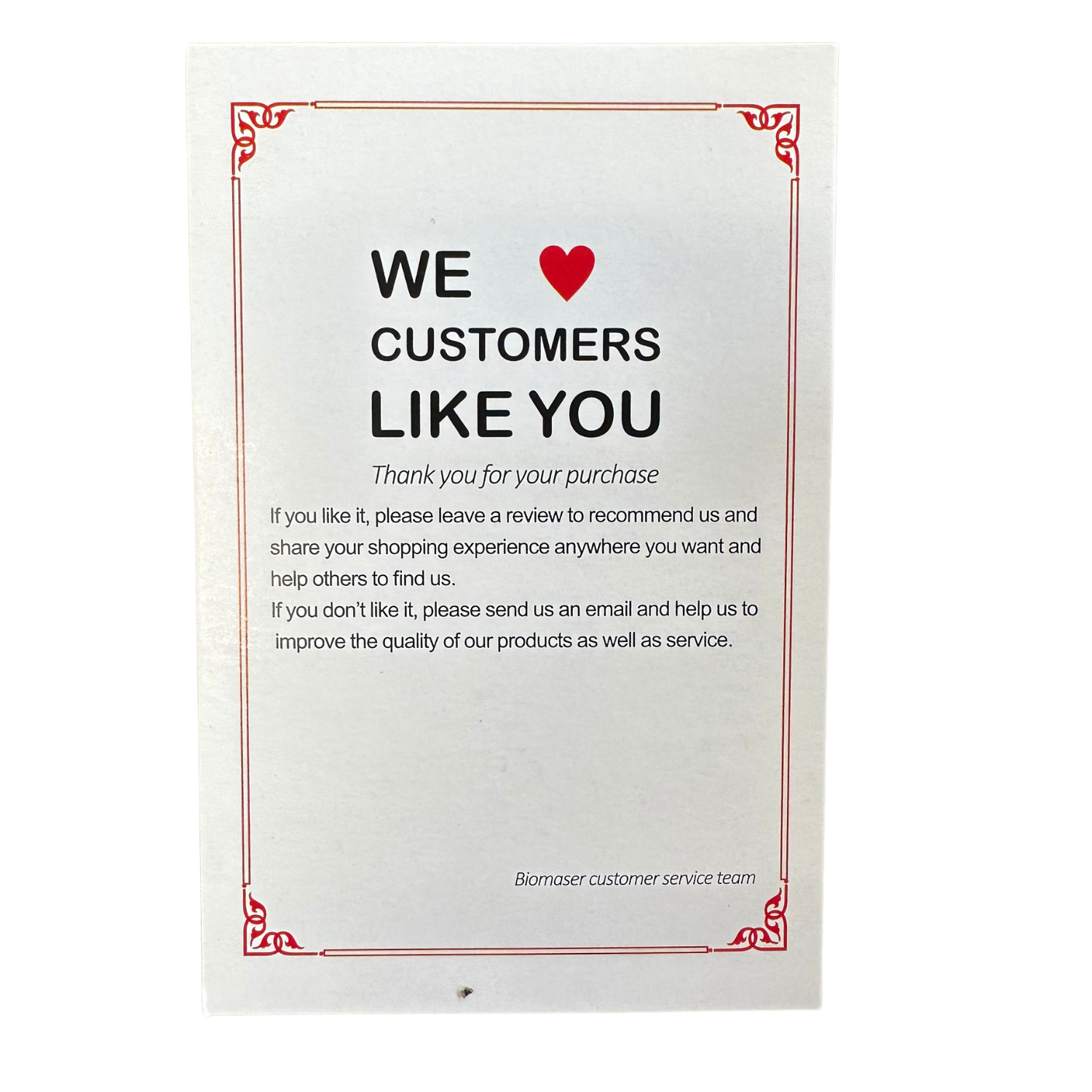 Customer appreciation card from Biomaser included in the Pro Rotary Tattoo Machine Kit, encouraging feedback and product reviews.