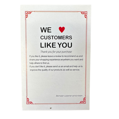 Customer appreciation card from Biomaser included in the Pro Rotary Tattoo Machine Kit, encouraging feedback and product reviews.
