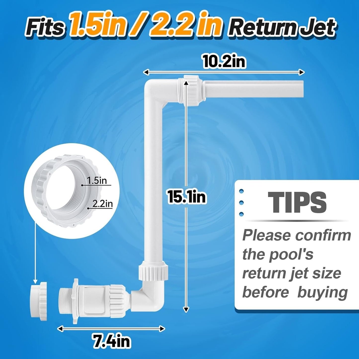 PAMASE Pool Waterfall Spray Fountain dimensions and compatibility with 1.5 and 2.2 inch return jets, featuring adjustable spray arm.