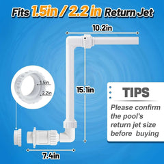 PAMASE Pool Waterfall Spray Fountain dimensions and compatibility with 1.5 and 2.2 inch return jets, featuring adjustable spray arm.
