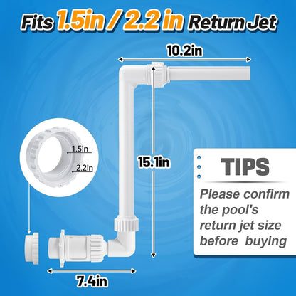PAMASE Pool Waterfall Spray Fountain dimensions and compatibility with 1.5 and 2.2 inch return jets, featuring adjustable spray arm.