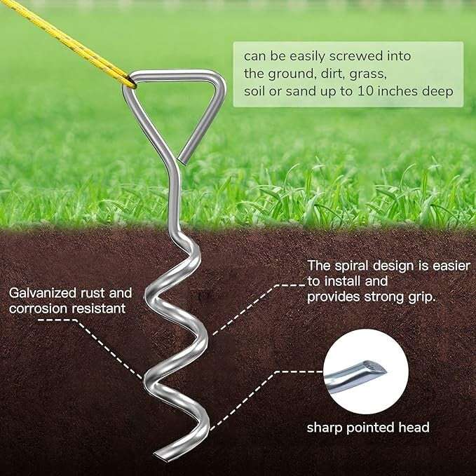 Close-up of spiral stake from the Heavy Duty Steel Tree Stake Kit showing rust-resistant galvanized steel and sharp tip for easy ground insertion.
