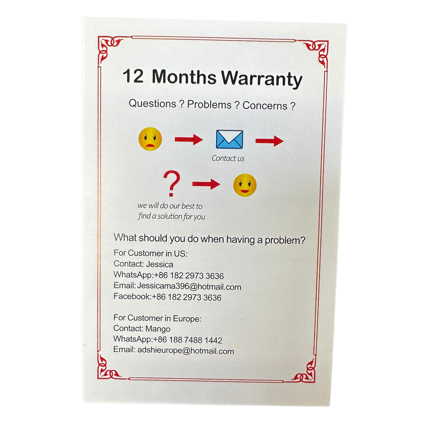 12-month warranty card for Biomaser Pro Rotary Tattoo Machine Kit with customer support contact details for US and Europe.
