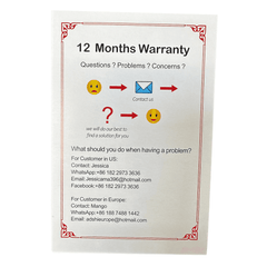 12-month warranty card for Biomaser Pro Rotary Tattoo Machine Kit with customer support contact details for US and Europe.