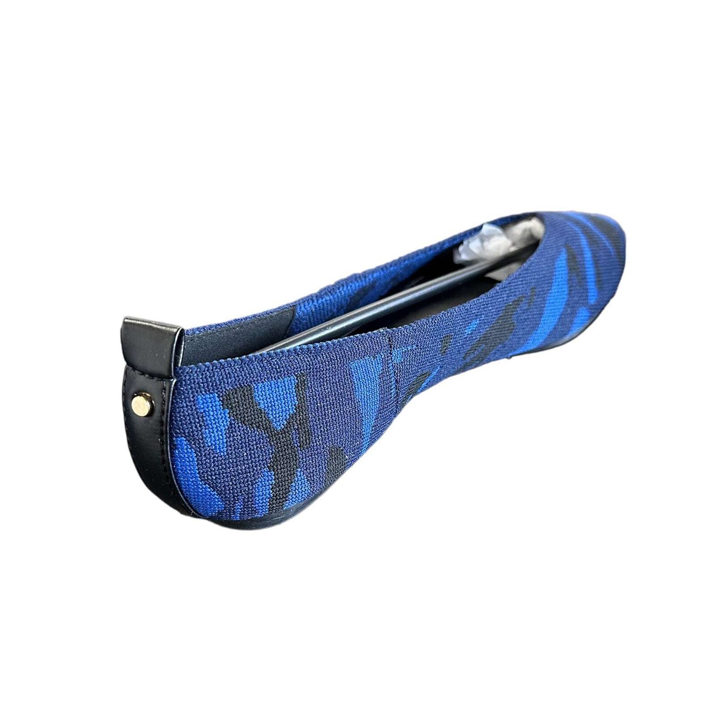 Rear angle of Journee Collection Karise women’s flats in blue black camo, highlighting cushioned heel and sleek slip-on silhouette.