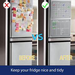 Before and after comparison showing cluttered fridge vs. tidy fridge with Volcanics Acrylic Magnetic Weekly Planner Dry Erase Board.