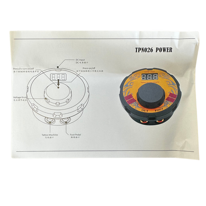 Instruction manual diagram for Biomaser tattoo power supply TPN026, detailing voltage control and foot pedal connection for tattoo machines.