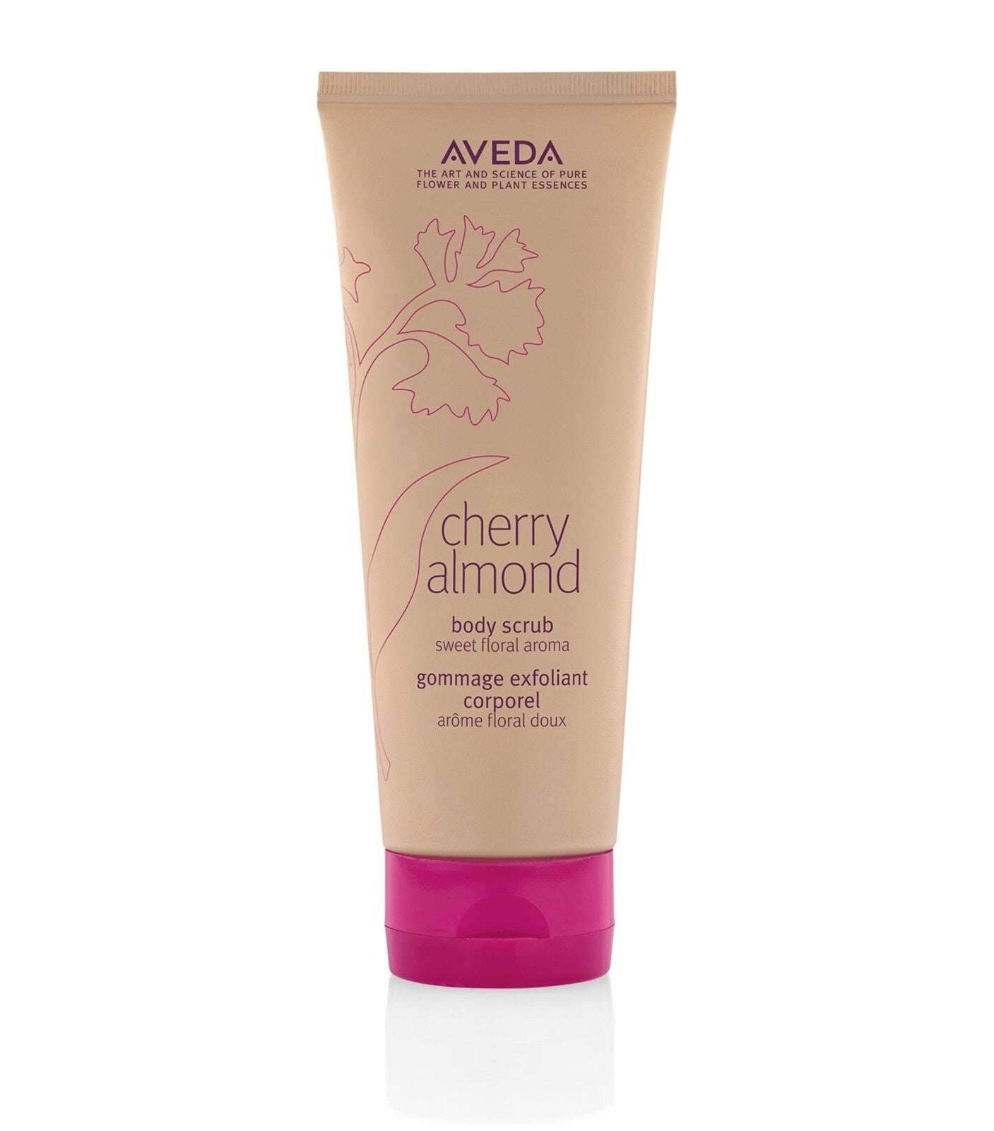 Aveda Cherry Almond Body Scrub in 200ml tube with sweet floral aroma. Exfoliating body care product from the Cherry Almond Body Care Trio Gift Set.