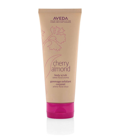 Aveda Cherry Almond Body Scrub in 200ml tube with sweet floral aroma. Exfoliating body care product from the Cherry Almond Body Care Trio Gift Set.