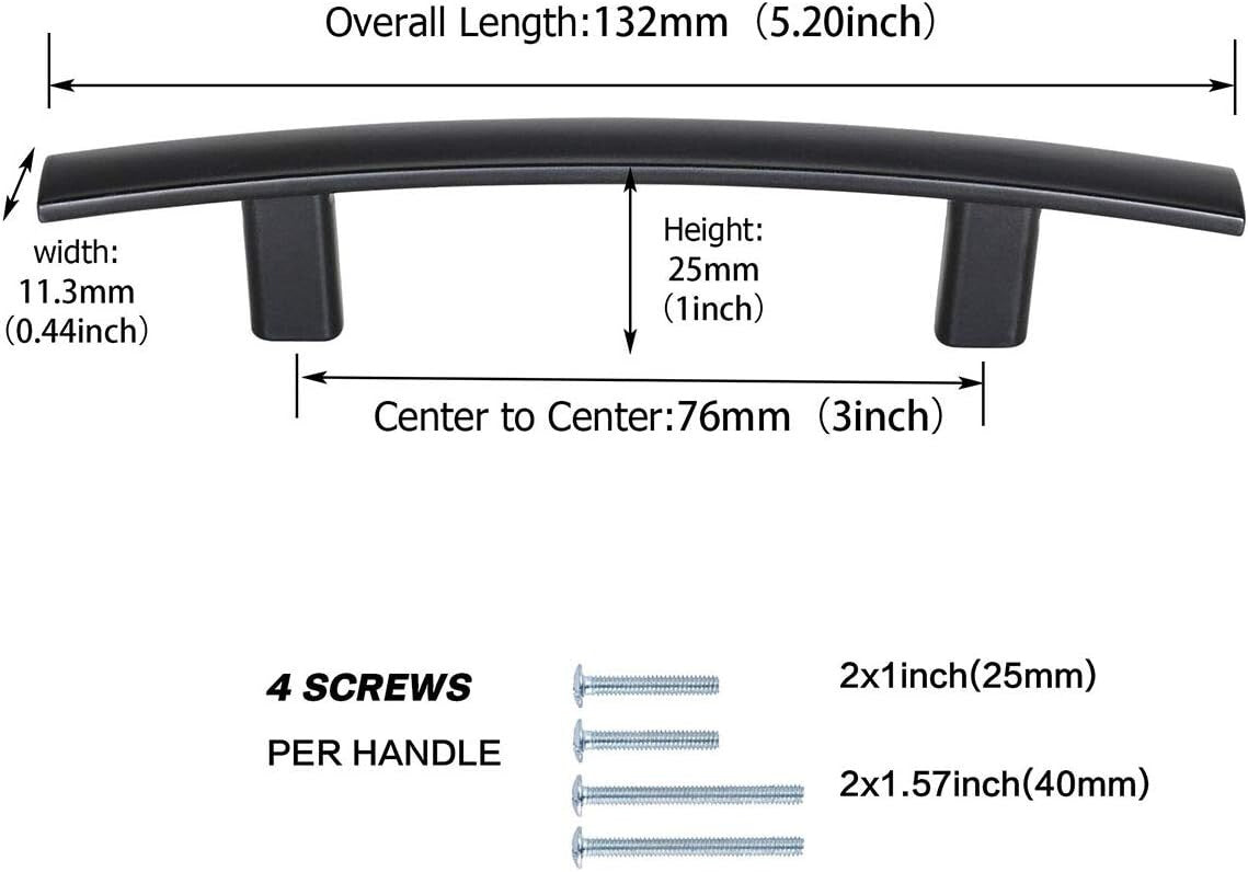 Goldenwarm Black Cabinet Handles 3" Pull 15 Pack - PH1003BK76, Curved Matte