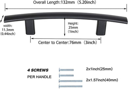 Goldenwarm Black Cabinet Handles 3" Pull 15 Pack - PH1003BK76, Curved Matte
