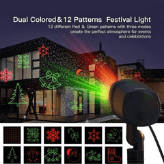 Dual-colored Outdoor Garden Light Projector displaying 12 red and green holiday patterns on a house, perfect for festive home decoration.