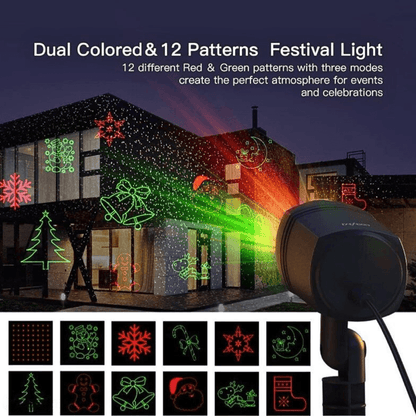 Dual-colored Outdoor Garden Light Projector displaying 12 red and green holiday patterns on a house, perfect for festive home decoration.