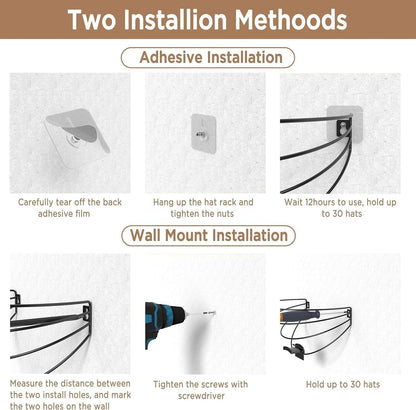 Metal Wall Mounted Cap Rack 2 Pack offers adhesive and screw installation options, supporting up to 30 hats for versatile wall-mounted storage.