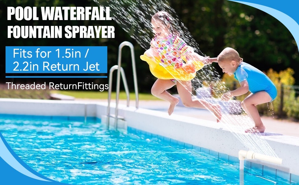 Children playing under PAMASE Pool Waterfall Spray Fountain installed on a pool wall, compatible with 1.5 and 2.2 inch return jets.