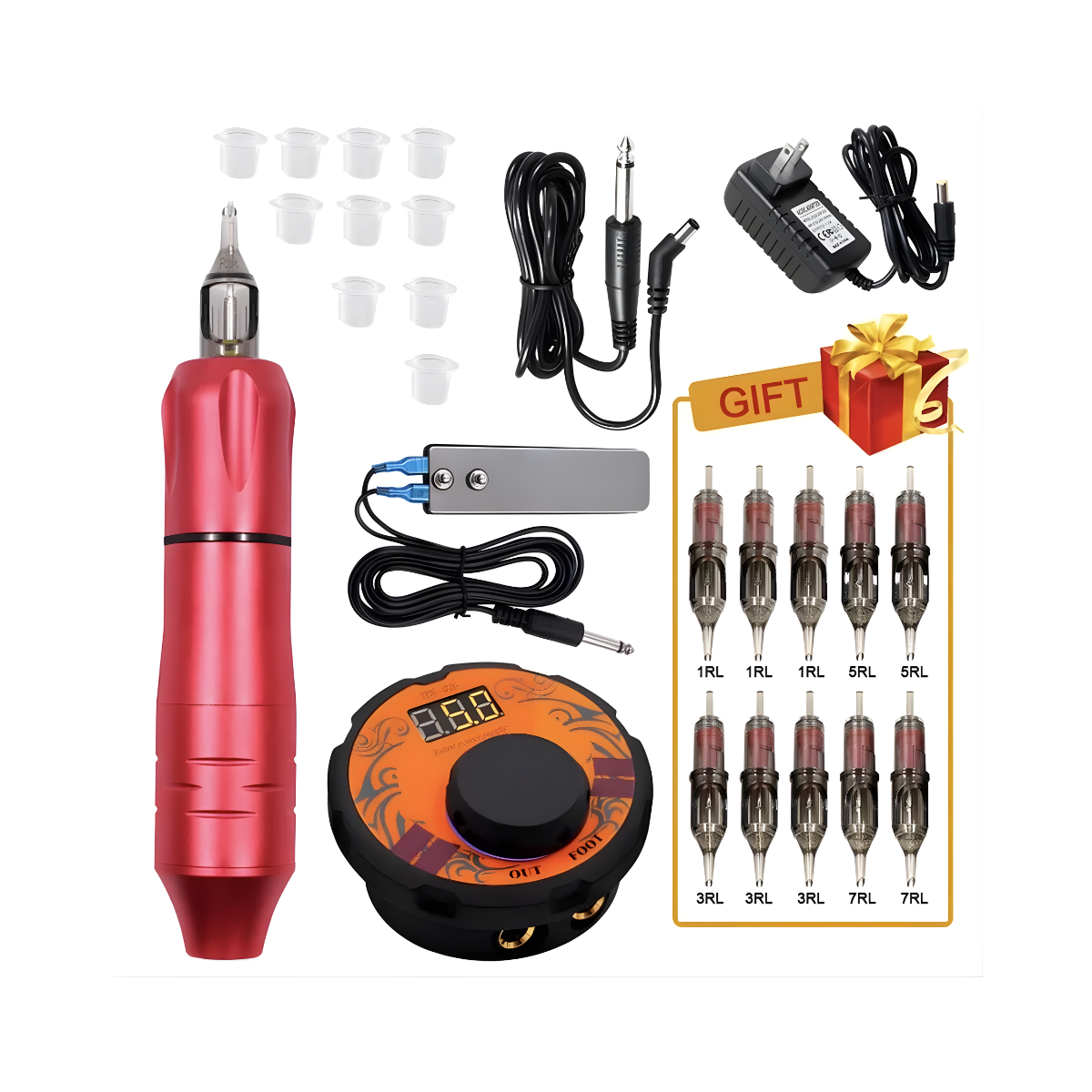 Biomaser Pro Rotary Tattoo Machine Kit Pen Power Supply Foot Pedal (Red)