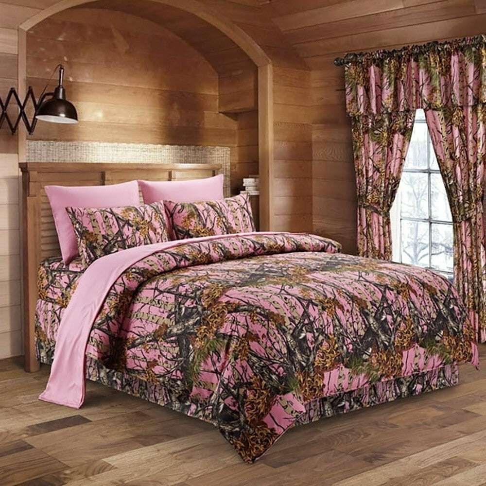 Full Size Pink Camouflage 6 Piece Microfiber Sheet Set styled in a wood-paneled bedroom, blending pink and camo bedding for a warm, nature-inspired look.