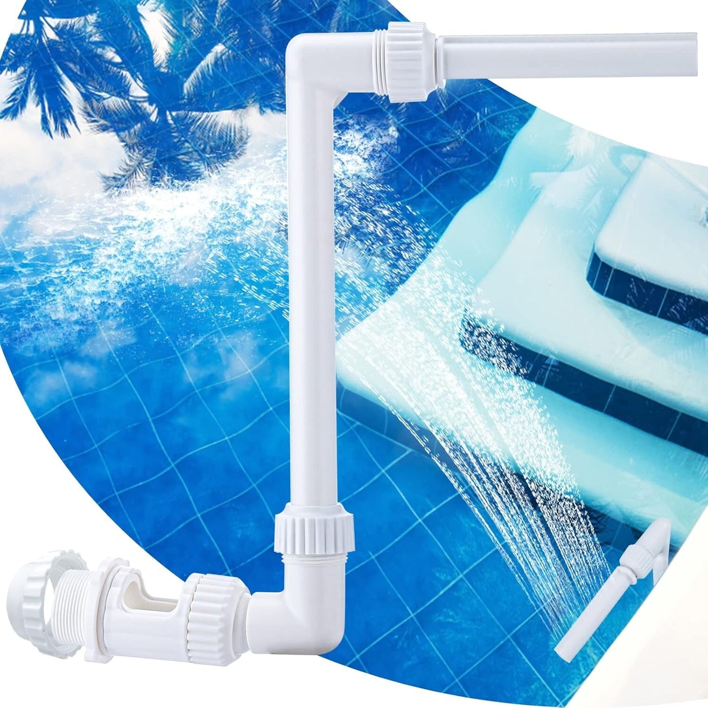 PAMASE Pool Waterfall Spray Fountain Adjustable Jet Kit for 1.5 and 2.2 inch jets shown installed in a pool with water spraying effect.