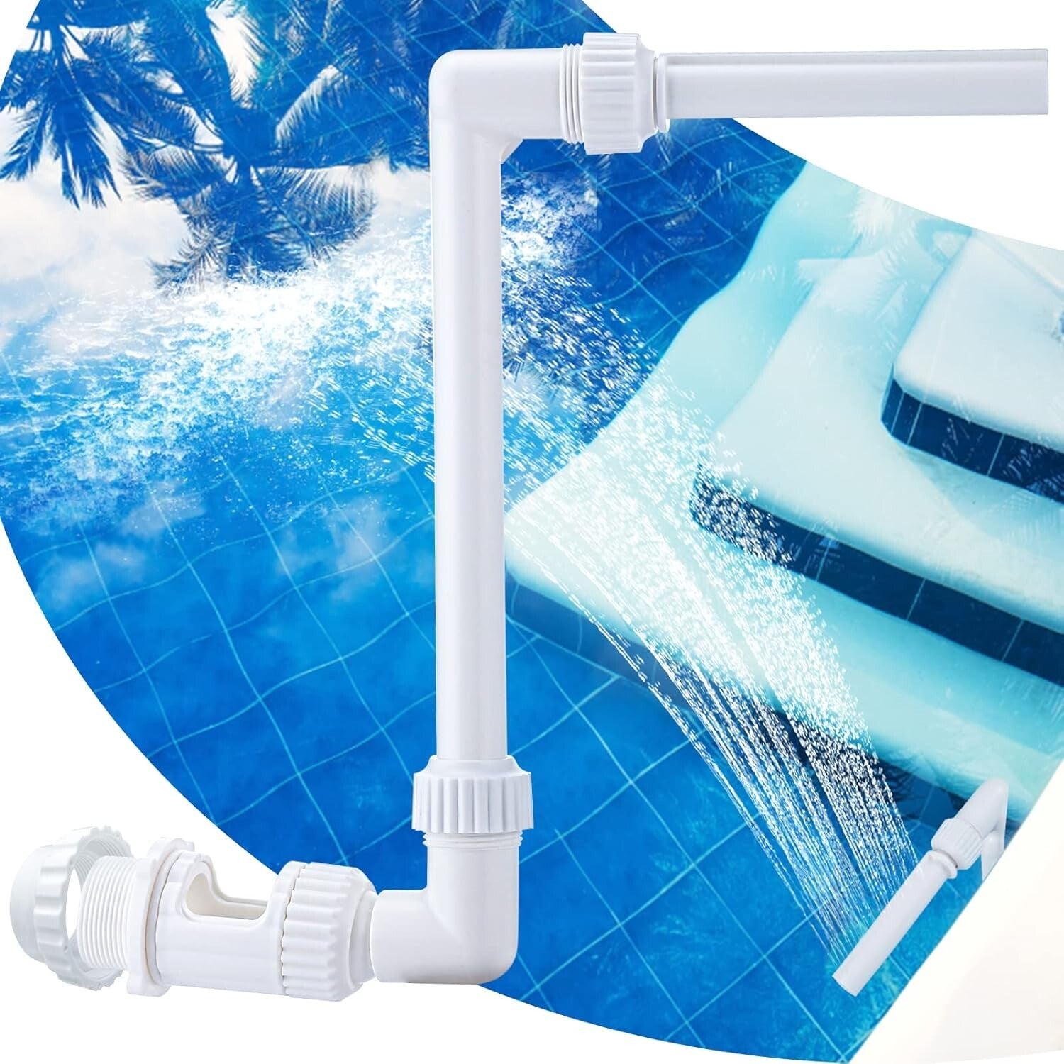 PAMASE Pool Waterfall Spray Fountain Adjustable Jet Kit for 1.5 and 2.2 inch jets shown installed in a pool with water spraying effect.