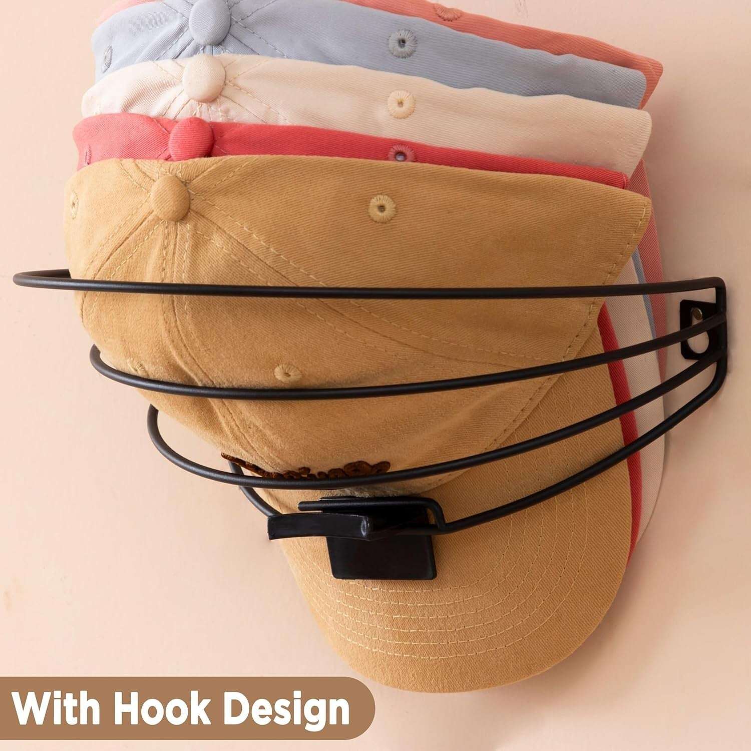 Metal Wall Mounted Cap Rack 2 Pack features a hook design for securely holding visors and hats in a sleek, space-saving wall-mounted setup.