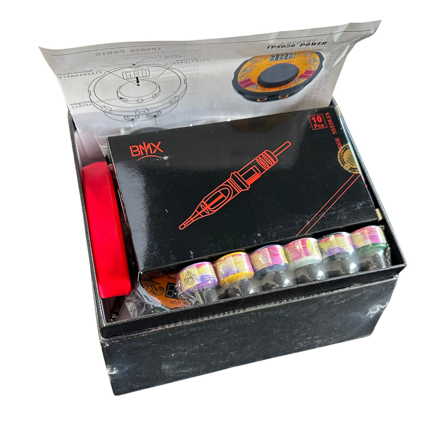 Biomaser Pro Rotary Tattoo Machine Kit packaging box with visible tattoo ink bottles, pen, and accessories for professional tattoo artists.