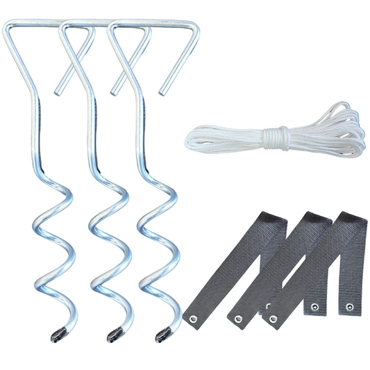 Heavy Duty Steel Tree Stake Kit with 3 spiral stakes, 3 adjustable straps, and 31.2 ft rope for outdoor tree support and stabilization.