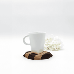 Wooden coaster with black walnut and maple, white mug, white flowers