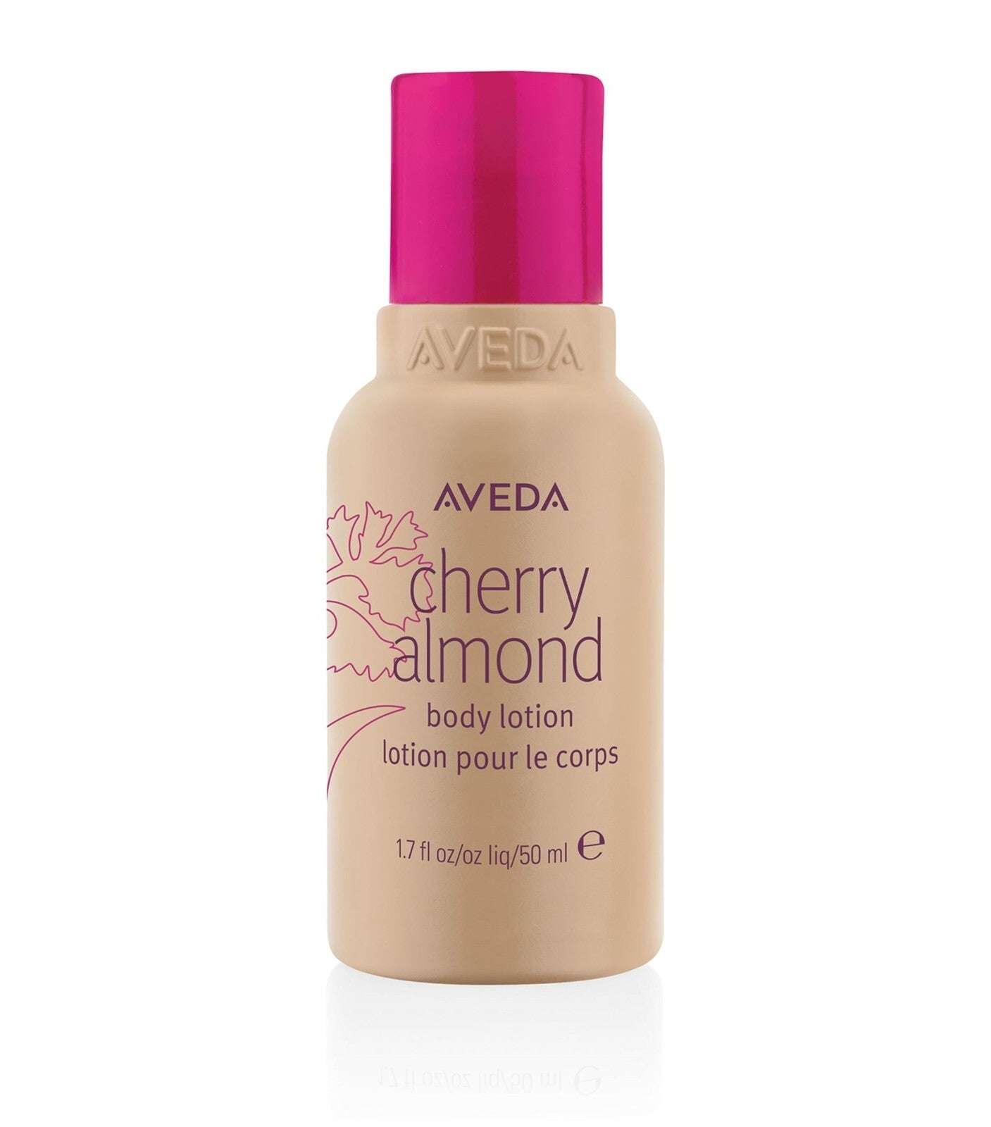 Aveda Cherry Almond Body Lotion in 50ml travel-size bottle with pink cap. Hydrating lotion from the Cherry Almond Body Care Trio Gift Set.