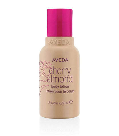 Aveda Cherry Almond Body Lotion in 50ml travel-size bottle with pink cap. Hydrating lotion from the Cherry Almond Body Care Trio Gift Set.