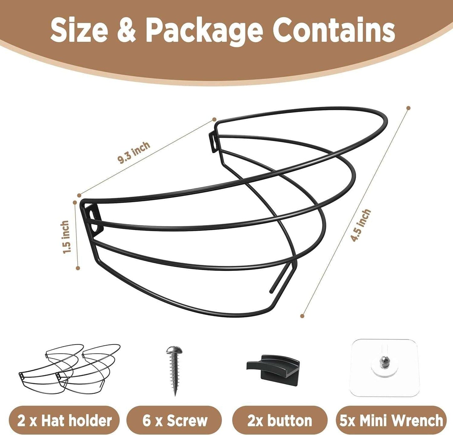 Metal Wall Mounted Cap Rack 2 Pack includes screws, buttons, mini wrench, and two hat holders for easy DIY installation and organized hat storage.