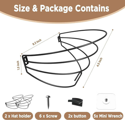Metal Wall Mounted Cap Rack 2 Pack includes screws, buttons, mini wrench, and two hat holders for easy DIY installation and organized hat storage.