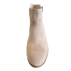 Front view of Dr. Scholl’s Lawless Women’s Ankle Boots in taupe, showcasing rounded toe and soft suede texture, size 9.5.