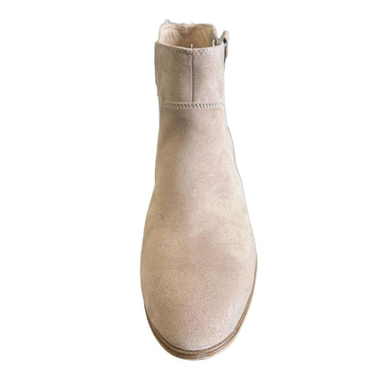 Front view of Dr. Scholl’s Lawless Women’s Ankle Boots in taupe, showcasing rounded toe and soft suede texture, size 9.5.