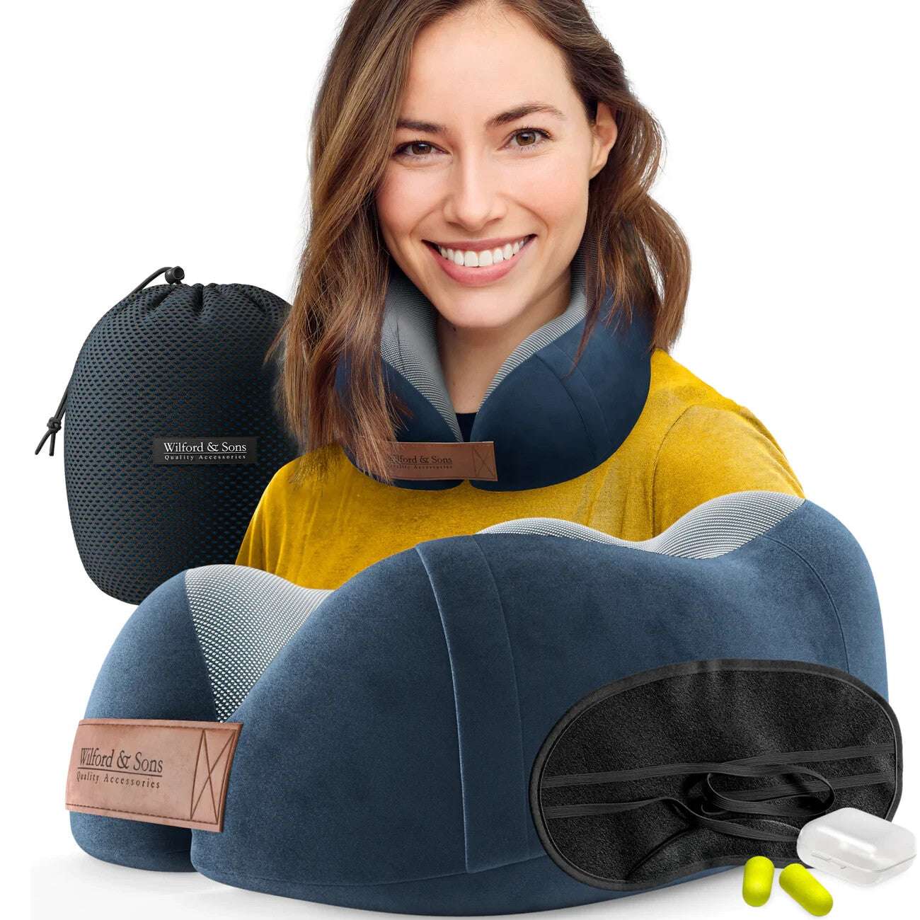 Wilford & Sons Travel Pillow Set with Eye Mask and Earplugs featuring memory foam neck pillow, storage bag, and accessories for travel comfort.