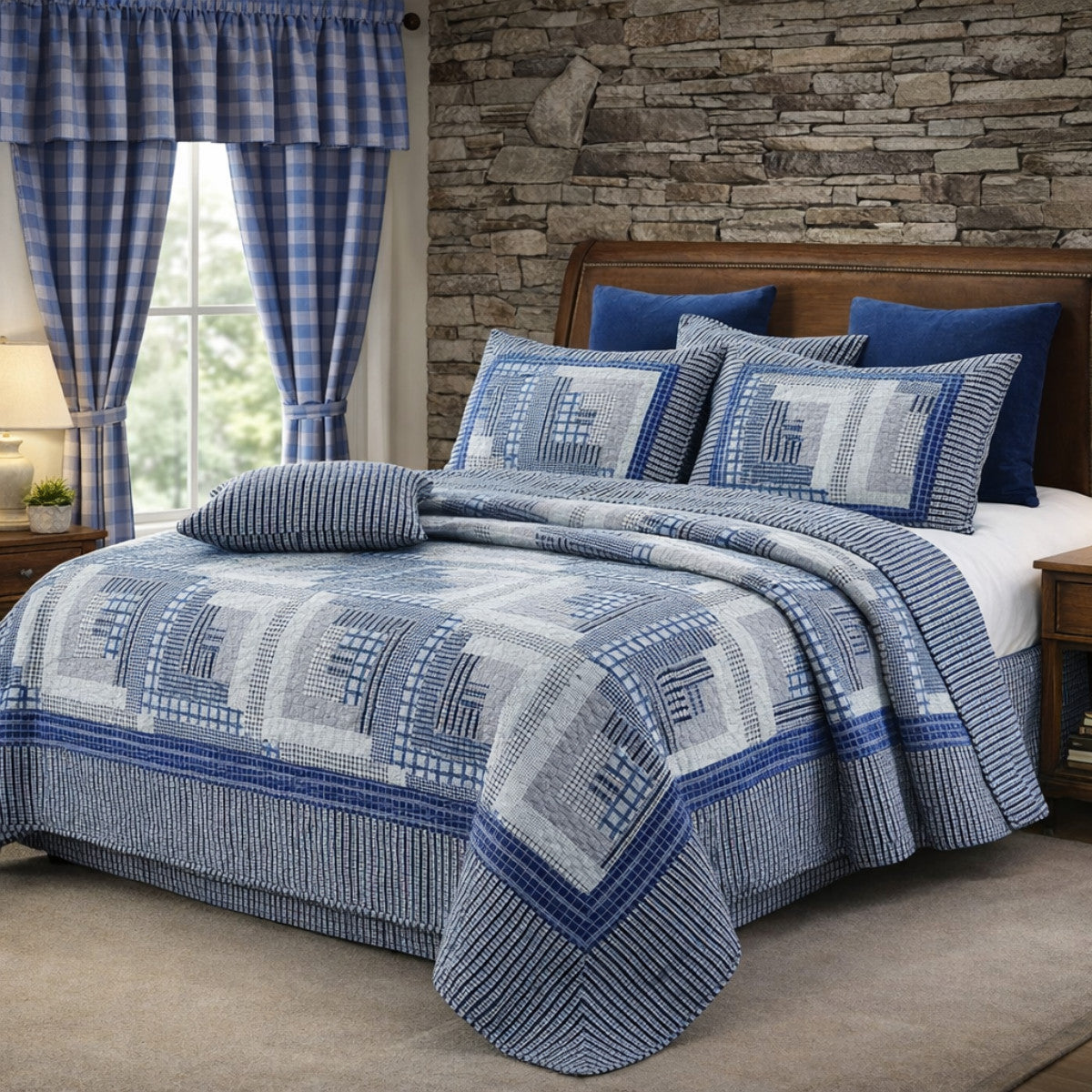 VIRAH BELLA Mountain Check Blue/Grey Blackout Curtains Set 84x40, Rustic